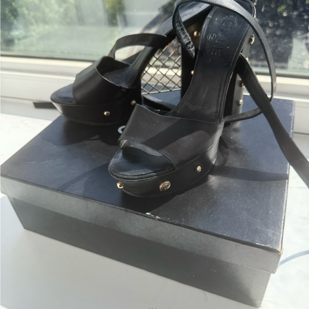 CHANEL Black Platform Sandals with Gold Accents